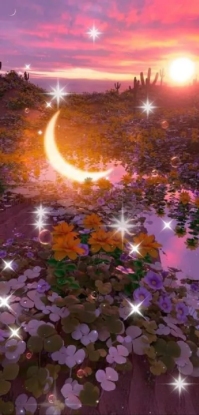 Desert sunset with crescent moon and flowers.