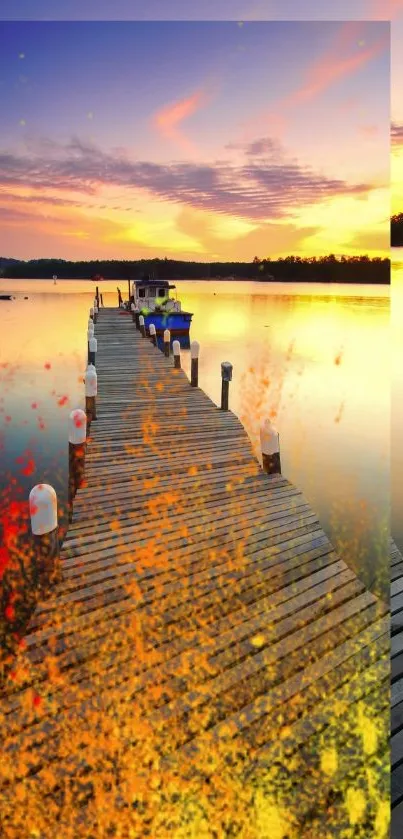 Colorful sunset over a dock on a peaceful lake.