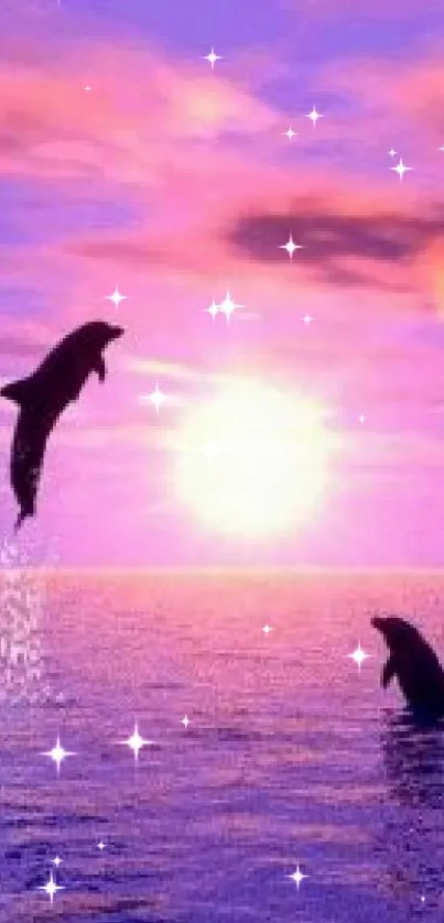 A vibrant purple sunset with dolphins leaping over a calm ocean.