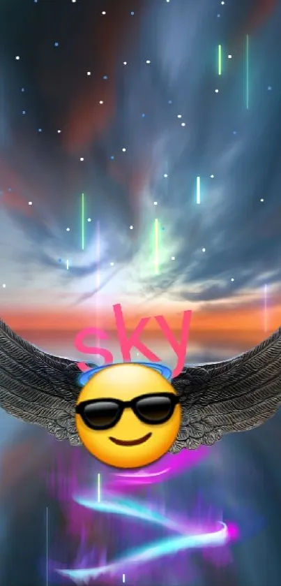 Sunset sky with island, winged emoji, and reflections.
