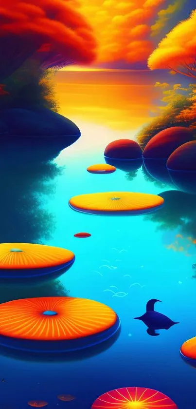 Fantasy art depicting a vibrant sunset with glowing lily pads on a tranquil river.