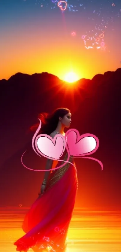 A woman silhouetted against a vibrant sunset with hearts in vibrant colors.