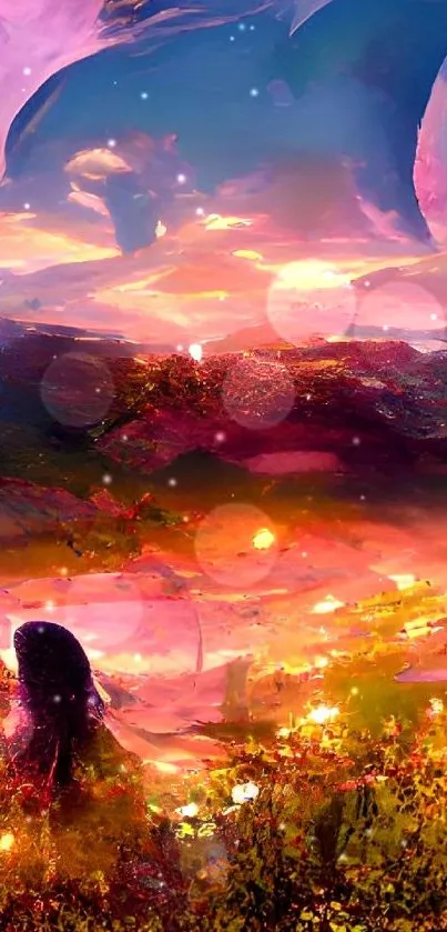 Fantasy sunset wallpaper with vibrant skies and surreal figures.