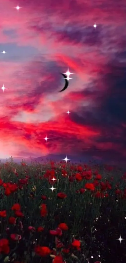 Vibrant sunset over a poppy field with crescent moon.