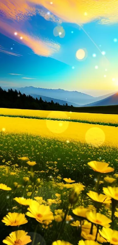 Vibrant sunset over a field with blooming yellow flowers.