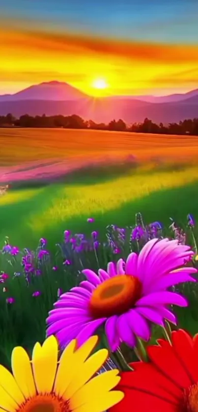 Colorful sunset over a flower field with mountains.