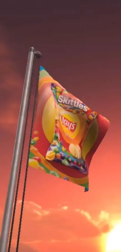 Colorful flag with Skittles design against a sunset sky.