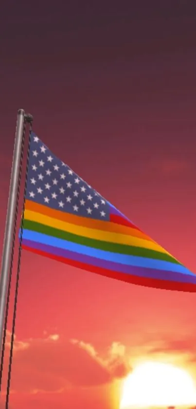 American flag with rainbow colors against a sunset sky.