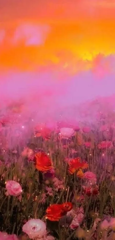 Vibrant sunset over a field of flowers with pink and orange hues.