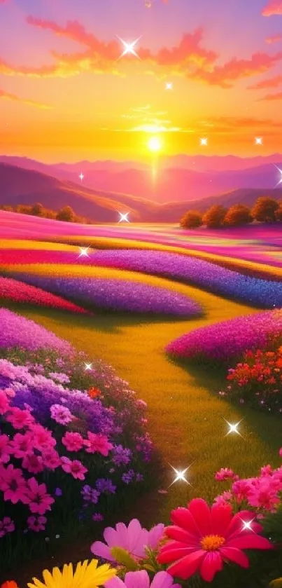 Beautiful sunset over a colorful flower field with vivid blossoms.