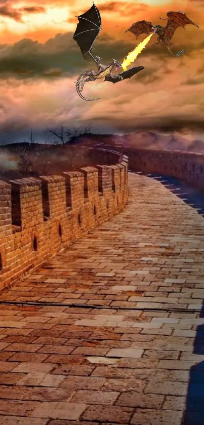 Sunset over an ancient wall with dramatic clouds and warm colors.