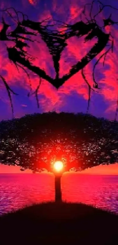 Vibrant sunset with heart silhouette over ocean horizon and mystical tree.