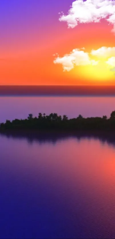 Vibrant sunset over island with purple and blue reflections.
