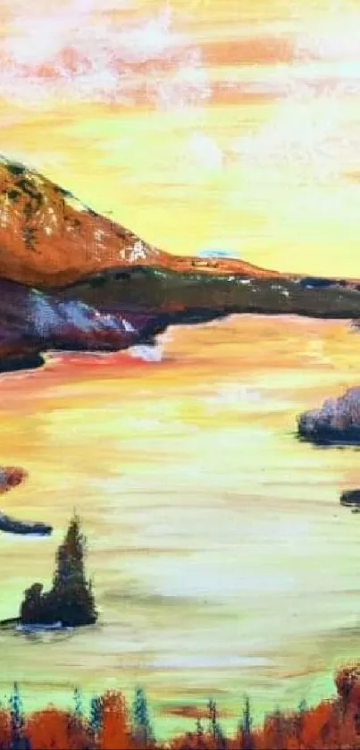 A vibrant sunset painting of a tranquil lake with mountains and trees.