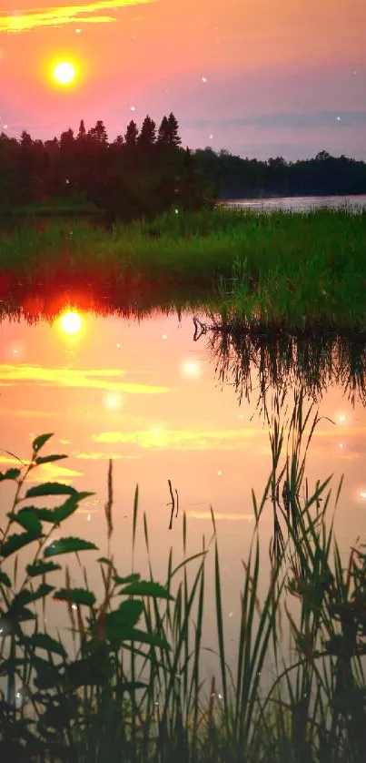 Lake sunset reflection with vibrant sky.