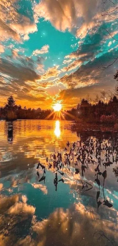 Vibrant sunset over lake with reflections and clouds.