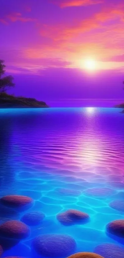 Vibrant sunset casting purple hues over a tranquil lake.