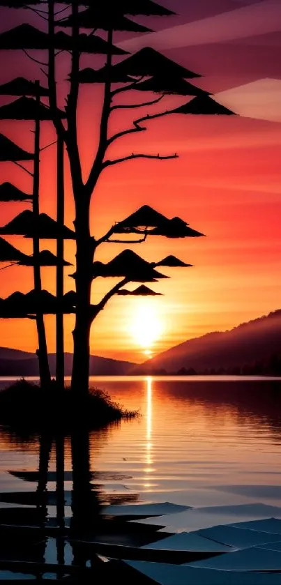 Silhouette of trees against a vibrant sunset over a tranquil lake.