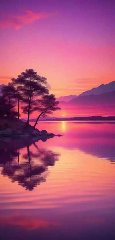 Purple sunset over calm lake with tree reflections.