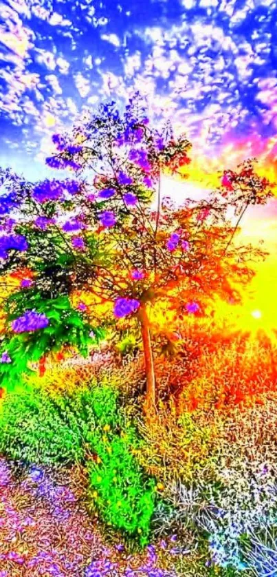 Vibrant sunset landscape with purple tree and colorful sky.