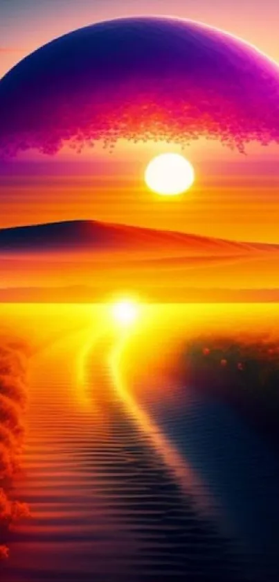 Vibrant sunset landscape with planet and glowing horizon, ideal for mobile wallpaper.