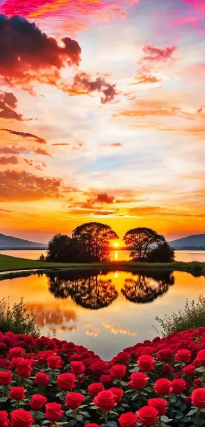 Sunset over a lake with vibrant red roses in the foreground, reflecting a colorful sky.