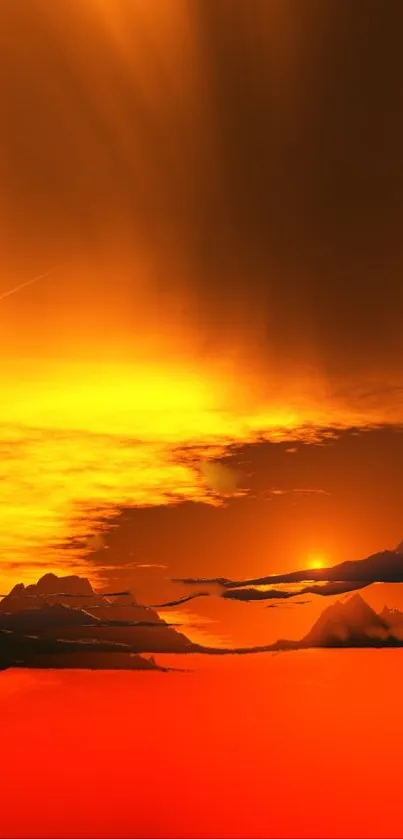 Vibrant orange sunset over mountains with dramatic sky.