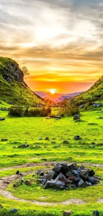 Breathtaking green landscape with vibrant sunset.