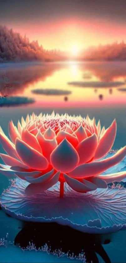 Vibrant lotus flower on a serene lake at sunset with pink and orange hues.