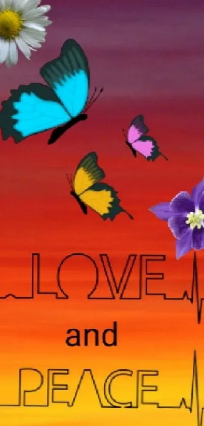 Sunset wallpaper with peace and love message, butterflies, and flowers.