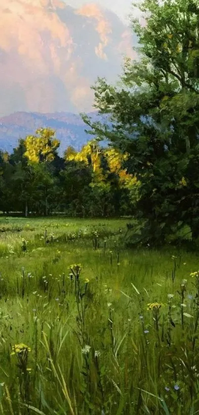 Serene meadow under sunset clouds, lush greenery, scenic beauty.