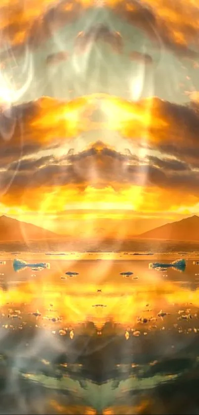 Vibrant sunset mirror image wallpaper with orange hues.