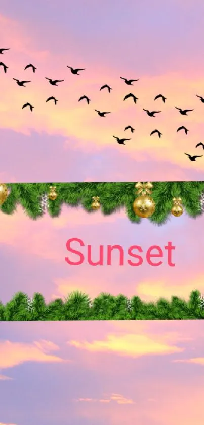 Mobile wallpaper with a sunset sky and decorative elements.