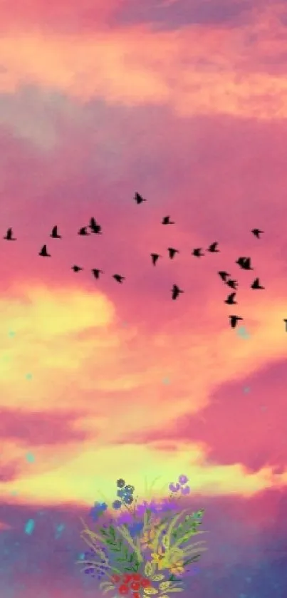 Vibrant sunset wallpaper with clouds and flying birds.