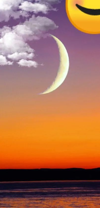 Crescent moon against vibrant sunset with clouds and emoji.