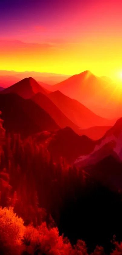 Vibrant sunset over mountains with intense colors and a glowing sky.