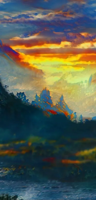 Vibrant sunset over a mountainous landscape with lush green valleys.