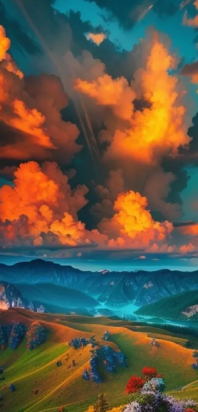 Vibrant sunset over mountains with dramatic clouds, ideal mobile wallpaper.