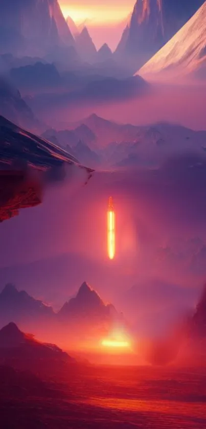 Glowing sunset over misty mountains in vibrant hues