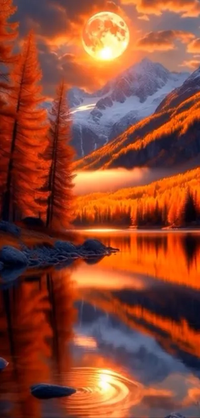 Sunset over mountains with vibrant reflection in a serene lake.