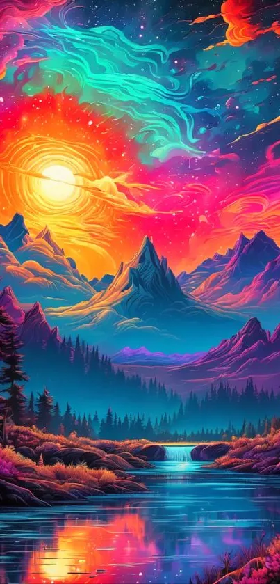 Vibrant sunset over mountains with colorful sky and river.