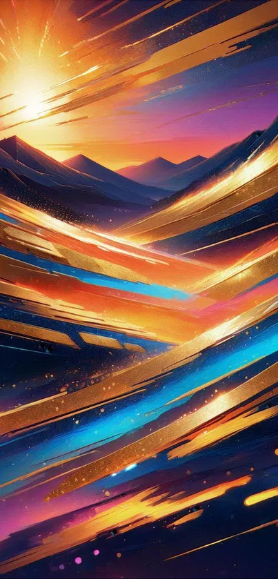 Vibrant abstract sunset mountain wallpaper with golden strokes and blue hues.