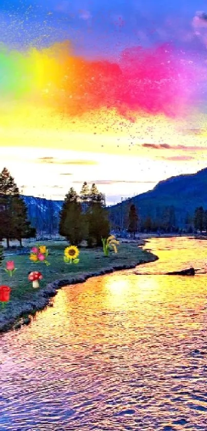 Colorful sunset over mountains with serene river and vivid sky.
