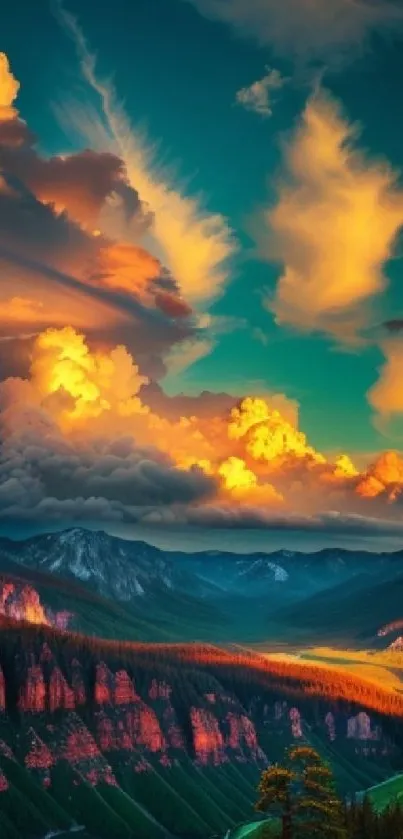 Sunset over mountains with vibrant clouds.