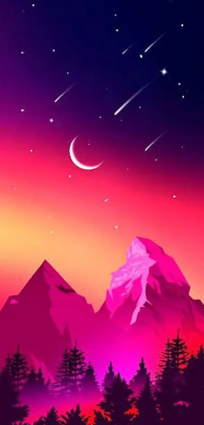 Vibrant mountain sunset with stars and a crescent moon in the night sky.