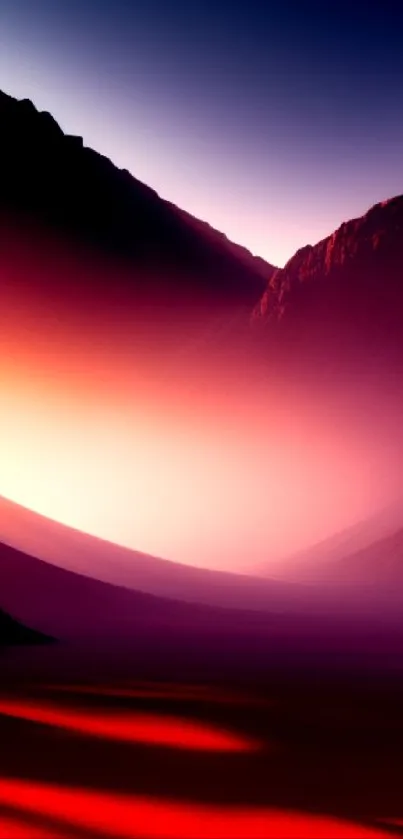 Vivid sunset over mountains with red and violet hues, perfect for mobile wallpaper.