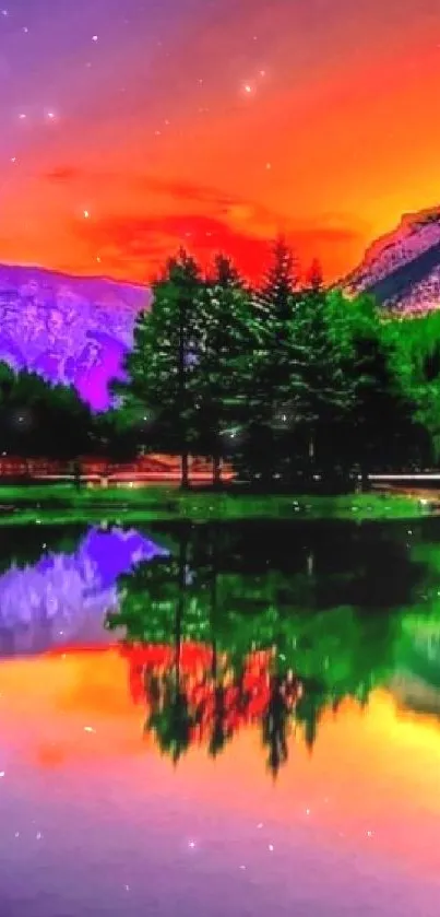 Vibrant sunset over mountains with lake reflection and colorful sky.