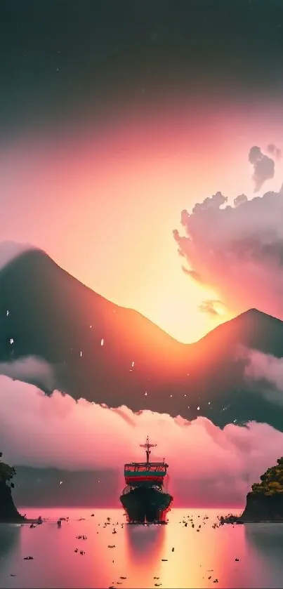 Vibrant sunset over mountains with serene sea view.