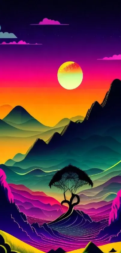 Vibrant sunset over mountains with a unique tree silhouette in digital art style.