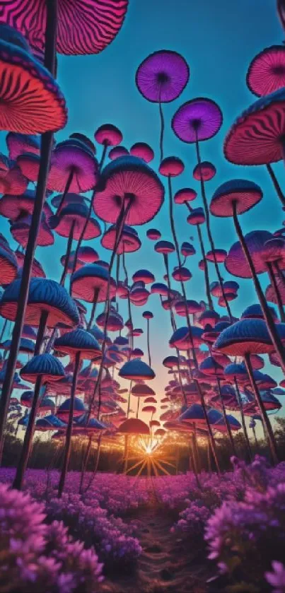 Vibrant mushrooms and sunset in a surreal fantasy landscape.